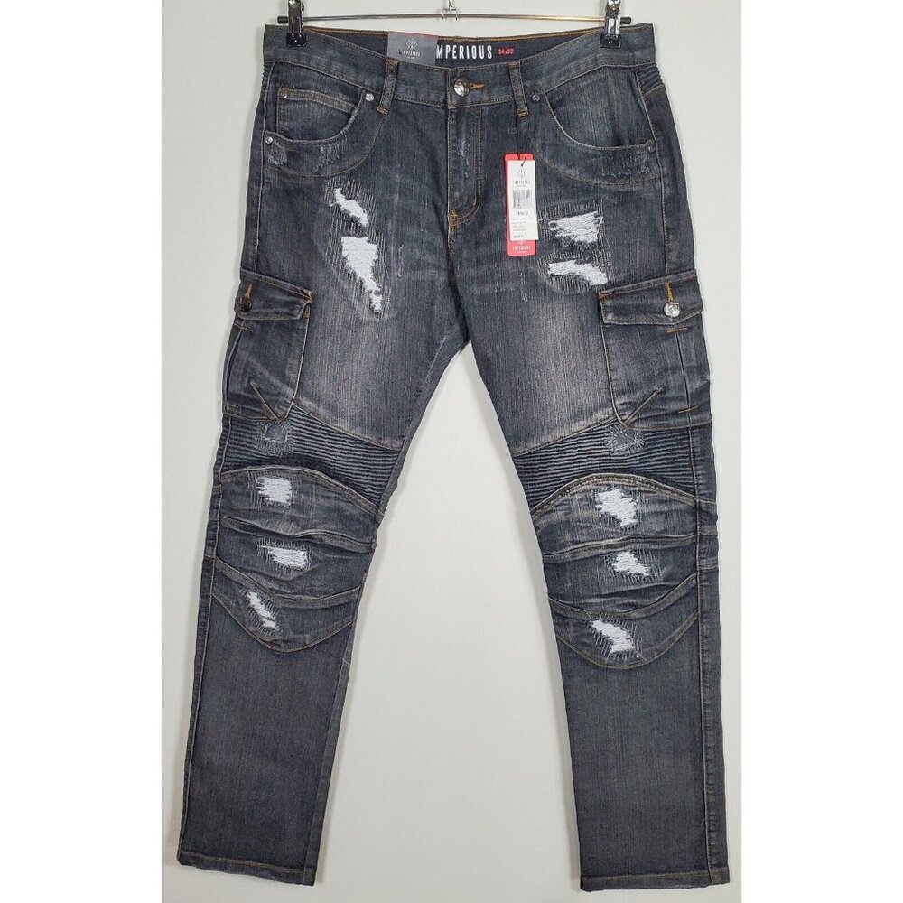 Imperious Men 34 x 32 Black Denim Skinny Fit Distressed Biker Pants / Jeans